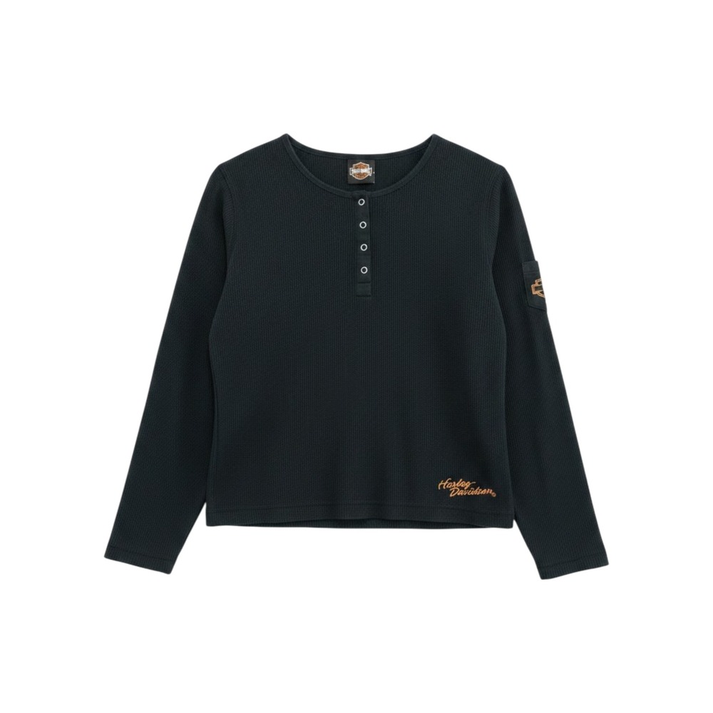 Harley-Davidson Waffle Knit Henley Women L Vintage 2004 Biker Moto Grunge